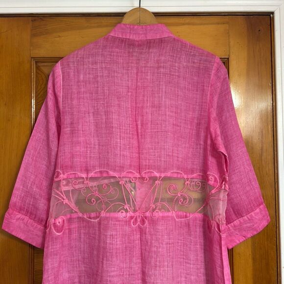 Pink Mandarin Collar Semi Sheer Button Down Cover Up Women’s Large - Picture 6 of 9